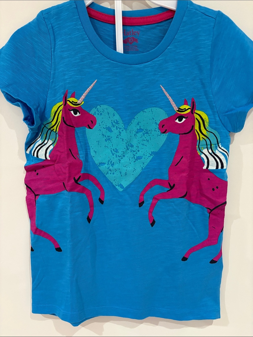 Hatley Bright Blue Tee with Pink Unicorns and Teal Heart